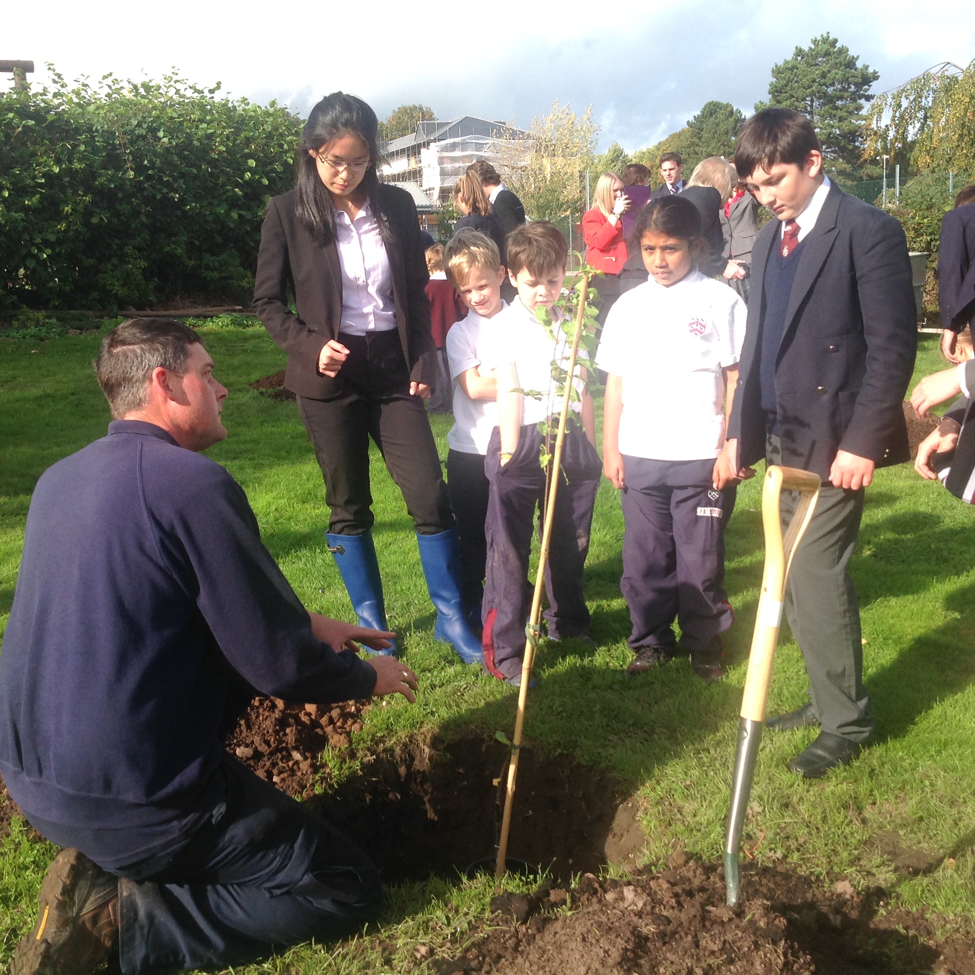 School Monitors help Prep and Pre-Prep pupils plant trees in the new Orchard at Bromsgrove Prep, 17th October 2016